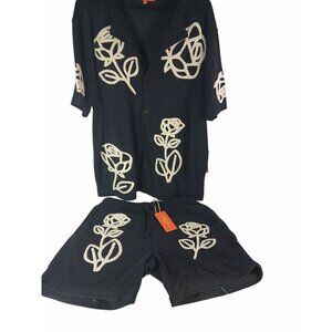 Negative Space Black Chenille Embroider Floral Shirt & Shorts Set Size L XL
